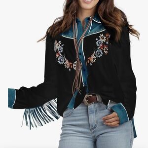 NWT JOHN MOON Fringe Western Floral Embroidered Button Down Shacket Blouse M